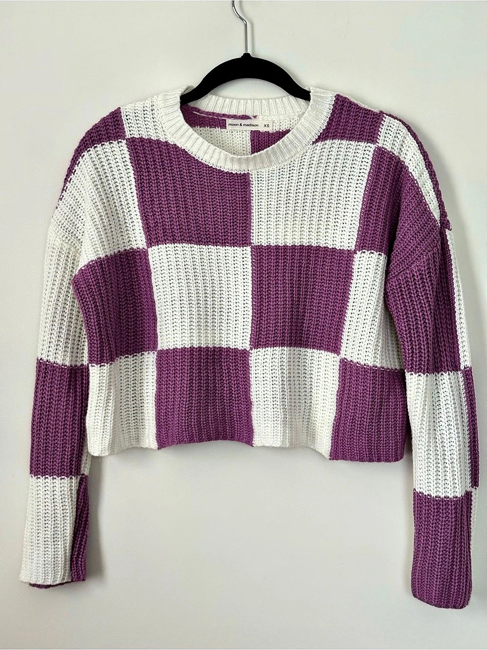moon & madison Checkered Knit Cropped Sweater Purple & White XS